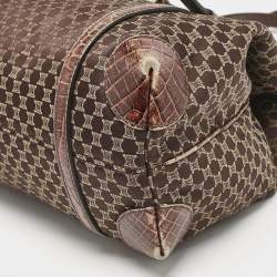 Pre Owned Celine Dark Brown Macadam Fabric and Croc Embossed Leather Tote