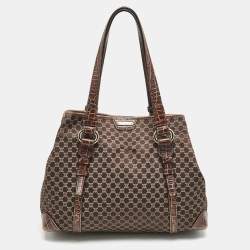Pre Owned Celine Dark Brown Macadam Fabric and Croc Embossed Leather Tote