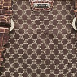 Pre Owned Celine Dark Brown Macadam Fabric and Croc Embossed Leather Tote
