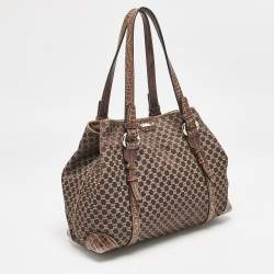 Pre Owned Celine Dark Brown Macadam Fabric and Croc Embossed Leather Tote