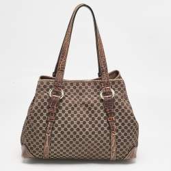 Pre Owned Celine Dark Brown Macadam Fabric and Croc Embossed Leather Tote