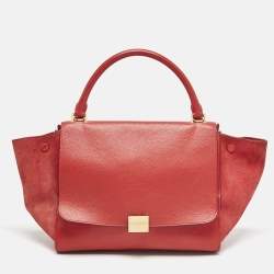Celine Red Leather and Suede Medium Trapeze Top Handle Bag