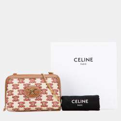 Celine Beige/Brown Triomphe Embroidered Canvas Clutch On Chain