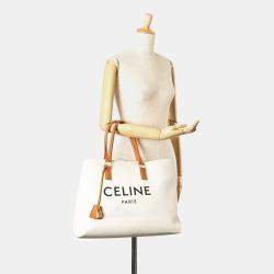 Celine White Small Canvas Logo Print Horizontal Cabas Tote