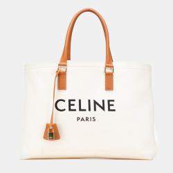 Celine White Small Canvas Logo Print Horizontal Cabas Tote