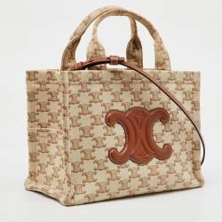 Pre Owned Celine Beige Triomphe Canvas and Leather Small Cabas Thais Tote