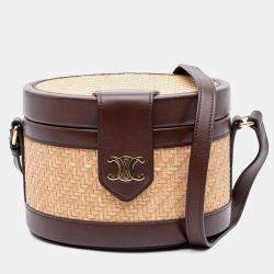 Celine Beige Brown Raffia and Calfskin Triomphe Tambour Medium Vanity Bag