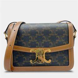 Pre Owned Celine Tan Brown Canvas Leather Teen Triomphe Crossbody Bag