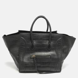 Pre Owned Celine Black Croc Embossed Leather Medium Phantom Luggage Tote