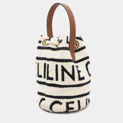 Celine Teen Drawstring Handbag White/Black/Brown Cotton Calf Leather