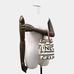 Celine Teen Drawstring Handbag White/Black/Brown Cotton Calf Leather