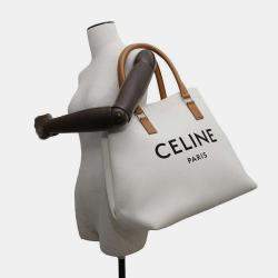 Celine White and Brown Canvas and Leather Horizontal Cabas Tote Bag