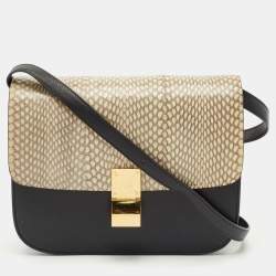 Celine Black/Off White Python and Leather Medium Classic Box Shoulder Bag