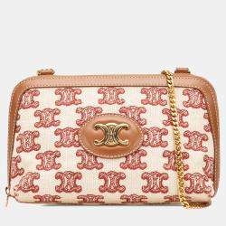 Celine Beige/Brown Triomphe Embroidered Canvas Clutch On Chain