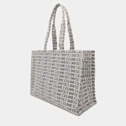 Celine White Tan Canvas Leather Triomphe Cabas Large Tote Bag