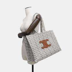 Celine White Tan Canvas Leather Triomphe Cabas Large Tote Bag