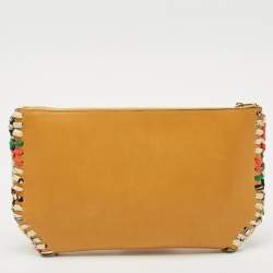 Pre Owned Celine Mustard Leather Braided Zip Pouch