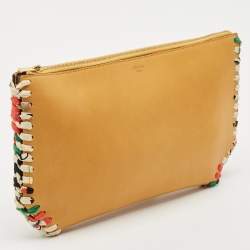 Pre Owned Celine Mustard Leather Braided Zip Pouch