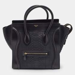 Celine Black Leather and Python Mini Luggage Tote