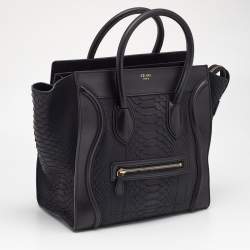 Pre Owned Celine Black Leather and Python Mini Luggage Tote