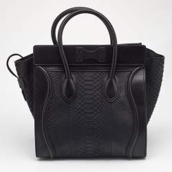 Pre Owned Celine Black Leather and Python Mini Luggage Tote