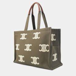 Celine Triomphe Large Cabas Thais Tote Bag Khaki Canvas Leather Size Large