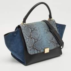 Celine Blue/Black Python, Leather and Suede Medium Trapeze Top Handle Bag