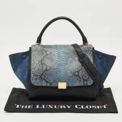Celine Blue/Black Python, Leather and Suede Medium Trapeze Top Handle Bag