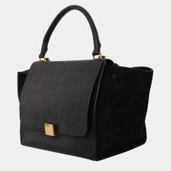 Celine Trapeze Medium Black Croc Embossed Leather Bag