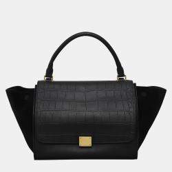 Celine Trapeze Medium Black Croc Embossed Leather Bag