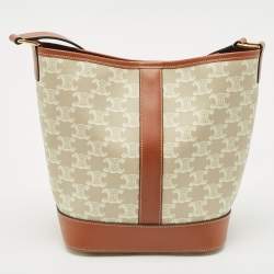 Celine White/Tan Triomphe Canvas Small Bucket Bag