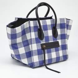Pre Owned Celine Purple/White Gingham Woven Straw Medium Phantom Luggage Tote