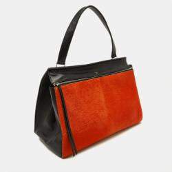 Pre Owned Celine Black/Orange Calf Hair and Leather Medium Edge Top Handle Bag
