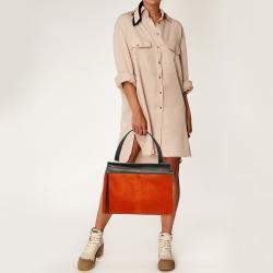 Pre Owned Celine Black/Orange Calf Hair and Leather Medium Edge Top Handle Bag