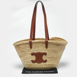 Pre Owned Celine Beige/Brown Woven Raffia and Leather Large Triomphe Panier Bag