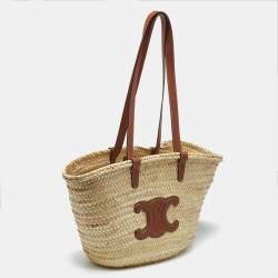 Pre Owned Celine Beige/Brown Woven Raffia and Leather Large Triomphe Panier Bag