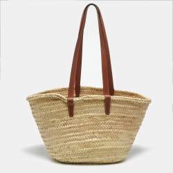 Pre Owned Celine Beige/Brown Woven Raffia and Leather Large Triomphe Panier Bag