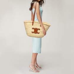 Pre Owned Celine Beige/Brown Woven Raffia and Leather Large Triomphe Panier Bag