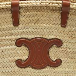 Pre Owned Celine Beige/Brown Woven Raffia and Leather Large Triomphe Panier Bag