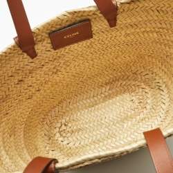 Pre Owned Celine Beige/Brown Woven Raffia and Leather Large Triomphe Panier Bag