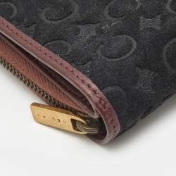 Pre Owned Celine Black/Burgundy Macadam Suede and Leather Zip Around Compact Wallet