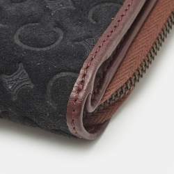 Pre Owned Celine Black/Burgundy Macadam Suede and Leather Zip Around Compact Wallet