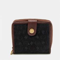 Pre Owned Celine Black/Burgundy Macadam Suede and Leather Zip Around Compact Wallet