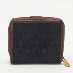 Pre Owned Celine Black/Burgundy Macadam Suede and Leather Zip Around Compact Wallet