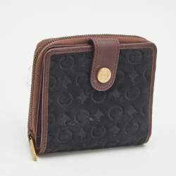 Pre Owned Celine Black/Burgundy Macadam Suede and Leather Zip Around Compact Wallet