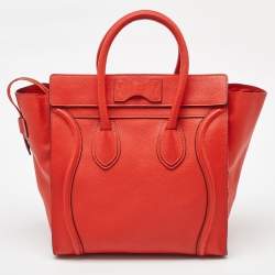 Pre Owned Celine Neon Orange Leather Mini Luggage Tote