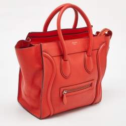 Pre Owned Celine Neon Orange Leather Mini Luggage Tote
