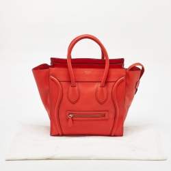Pre Owned Celine Neon Orange Leather Mini Luggage Tote