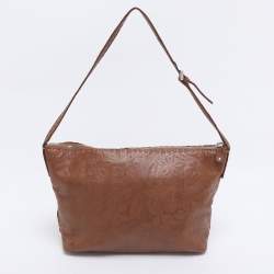 Pre Owned Celine Brown Floral Embossed Leather Vintage Shoulder Bag