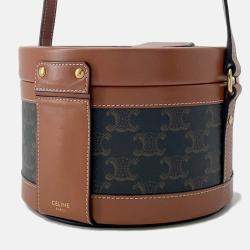 Pre Owned Celine Tambour Triomphe Medium Tan Canvas Leather Shoulder Bag